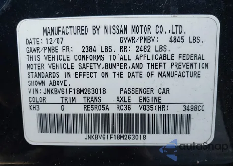 2008 Infiniti G35X from USA, damaged, VIN JNKBV61F18M263018